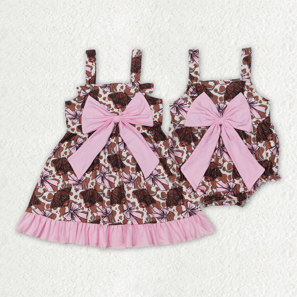 Sibling Baby Girls Bows Highland Cows Rompers Dresses
