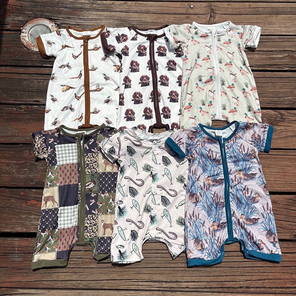Sibling Baby Boys Hunting Duck Short Sleeve Zip Rompers