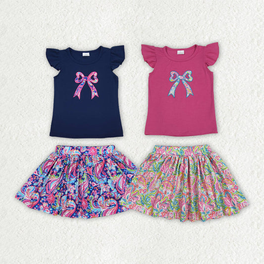 Sibling Embroidery Baby Girls Navy Bow Shirts Shorts Skirt Clothes Sets