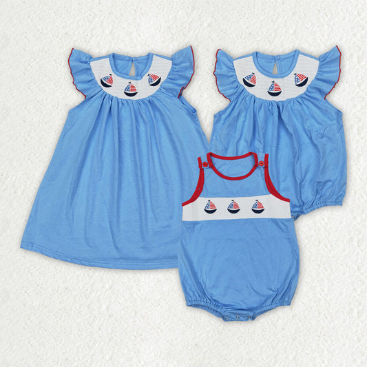 Sibling Smocked Baby Boys Girls 4th Of July Sailboats Rompers Dresses
