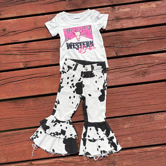Western Doll White Shirt Cowhide Bell Bottom Jeans Sets