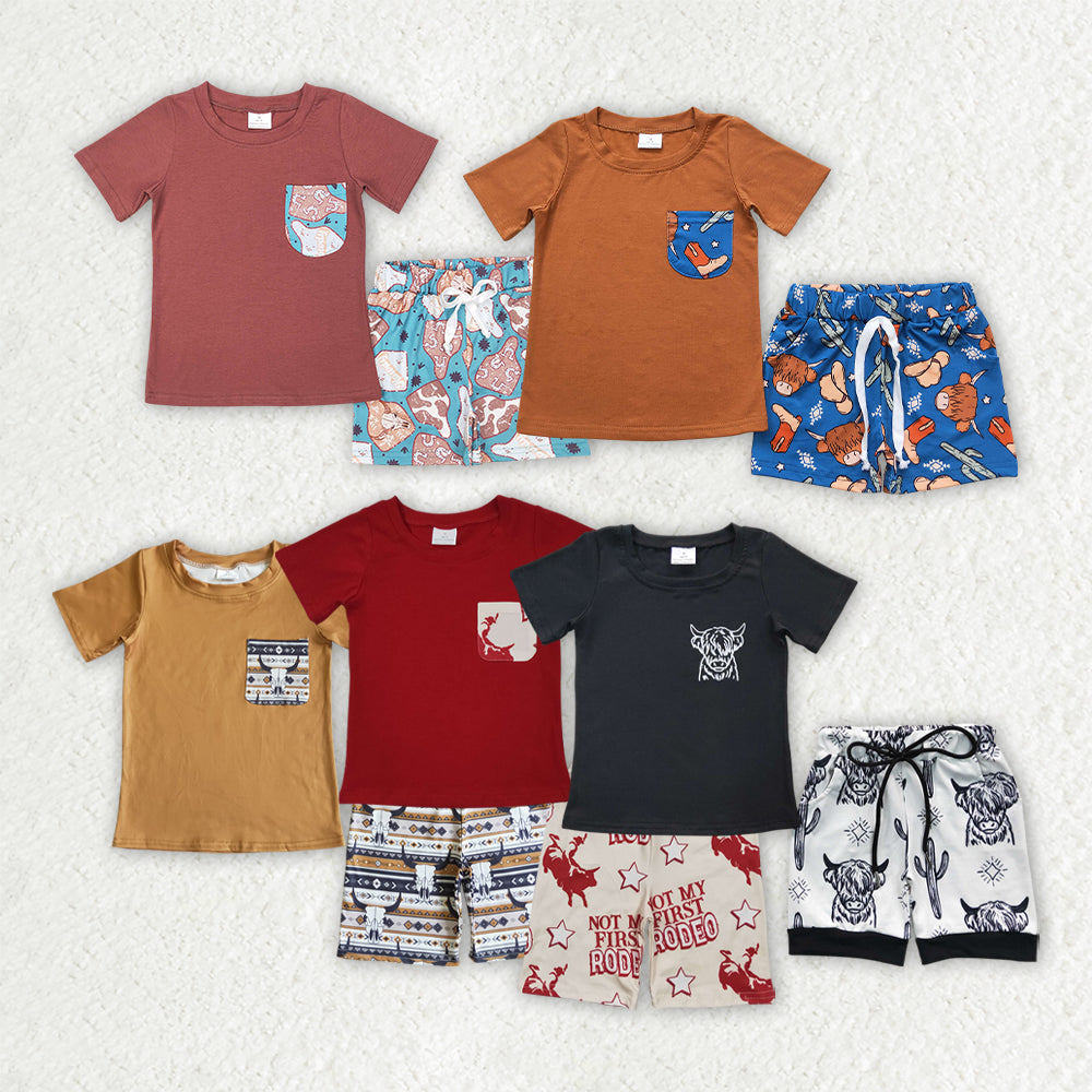 Sibling Baby Boys Western Cow Pocket Top Shorts Clothes Sets