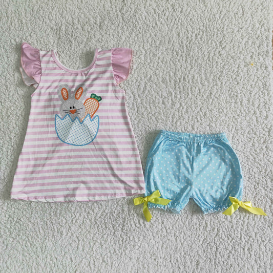 Easter rabbit pink flutter sleeve top blue ruffle shorts set