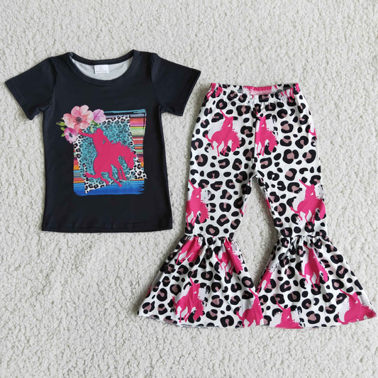Riding horse Black short sleeve T-shirt girl leopard bell bottom set