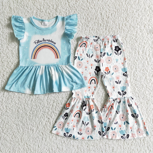 rainbow blue T-shirt Bell bottom Pants Outfit