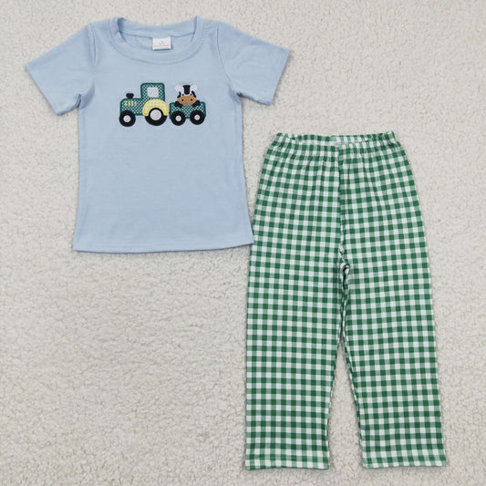 boys truck embroidery blue tops bottoms sets BSPO0089