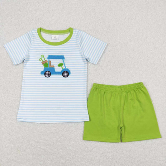 BSSO0394 baby boy clothes embroidered golf cart boy summer shorts set